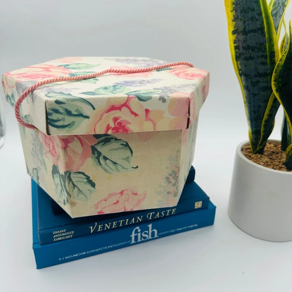 Vintage Style Floral Hexagon Hat Box Pink Rose Fabric Covered Decorative Storage